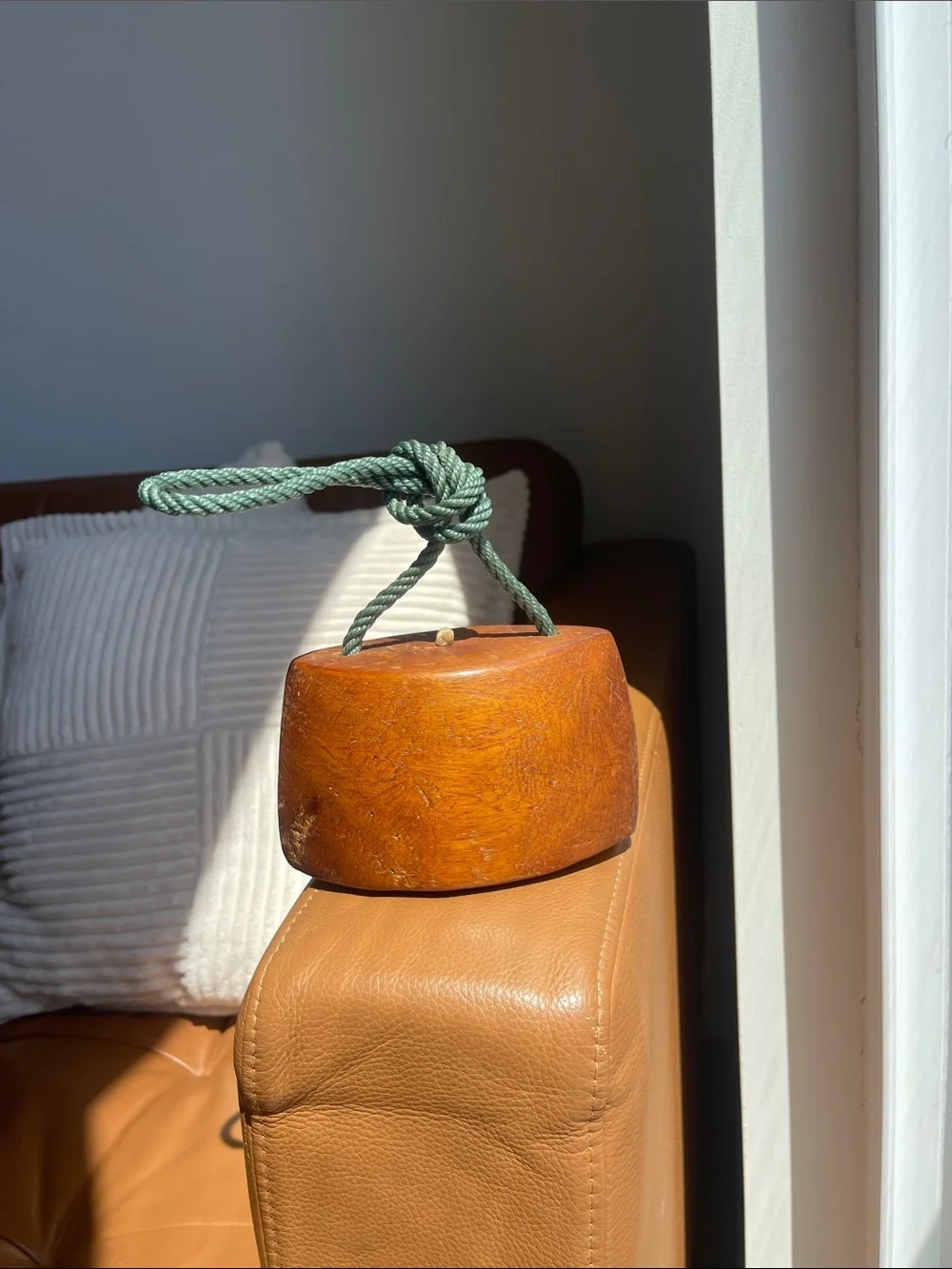 Handcrafted Brown Wooden Bell with Green Rope - Home Wall Decor